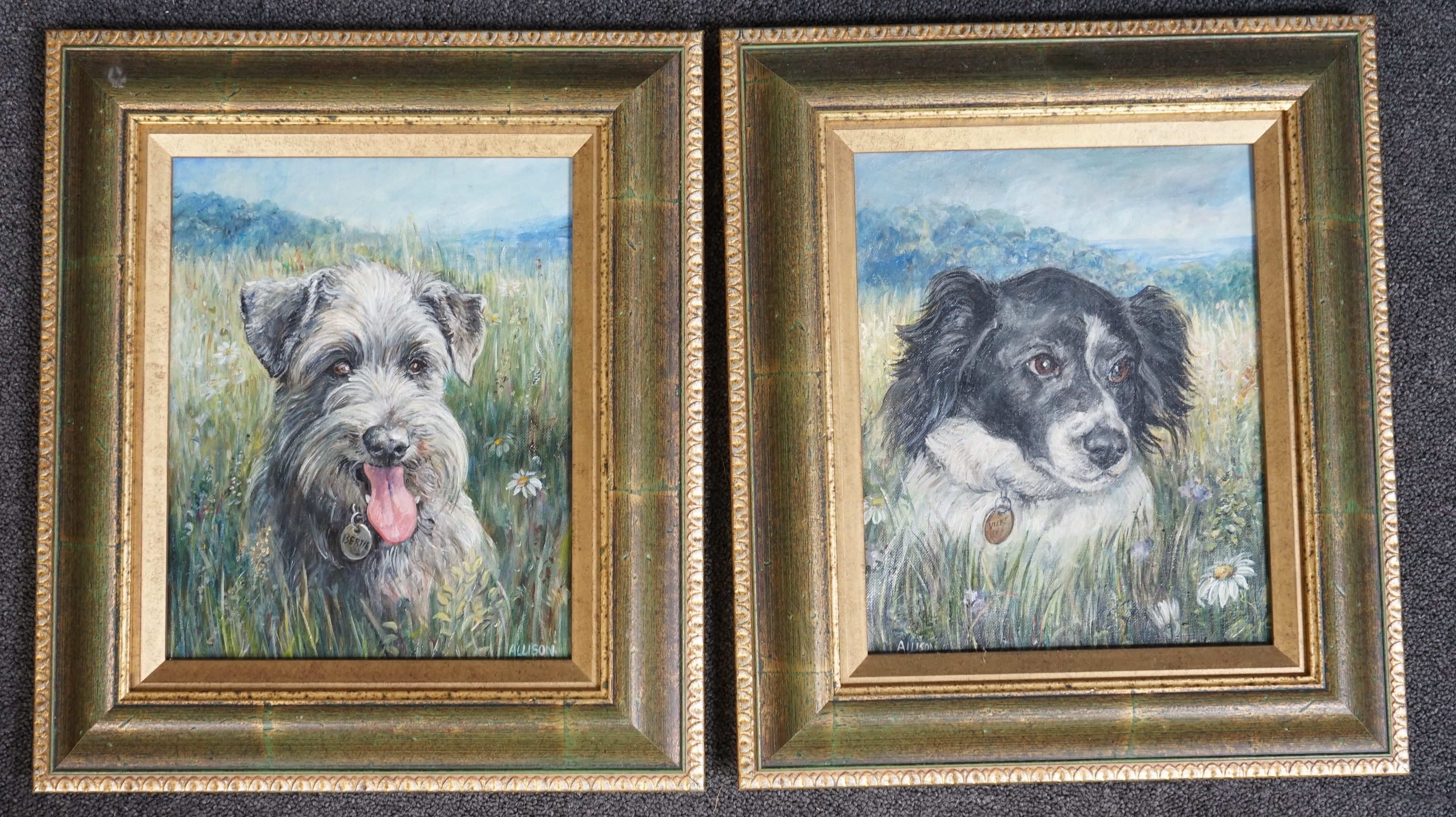 Allison, pair of oils on canvas, Studies of dogs, 'Vicky' and 'Bertie' before landscapes, each signed, 26 x 20cm. Condition - fair to good